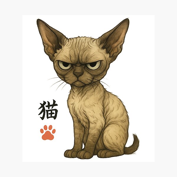 Item preview, Grumpy Devon Rex Cat | Kawaii Curly Feline Illustration with Kanji designed and sold by chimchu.
