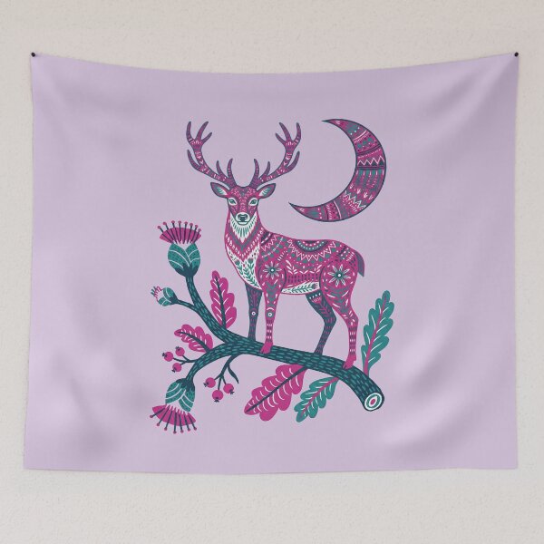 Item preview, Folk Art Deer & Moon - Magenta Mystical Stag Illustration designed and sold by AwesomeBeyondLimits.