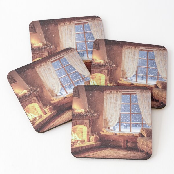 Item preview, Cozy Christmas evening scene with a glowing fireplace and winter snowflakes designed and sold by frequent-art.