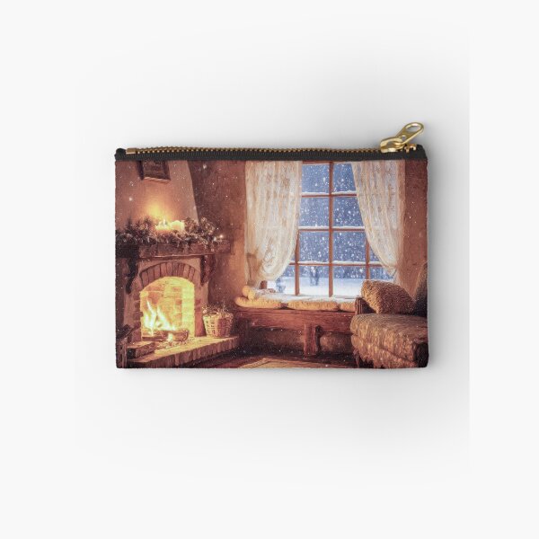 Item preview, Cozy Christmas evening scene with a glowing fireplace and winter snowflakes designed and sold by frequent-art.