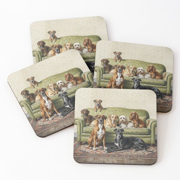 Item preview, Cozy Dogs on Green Sofa – Cute Dog Breeds Art Print for Dog Lovers   designed and sold by Pixel Pout.