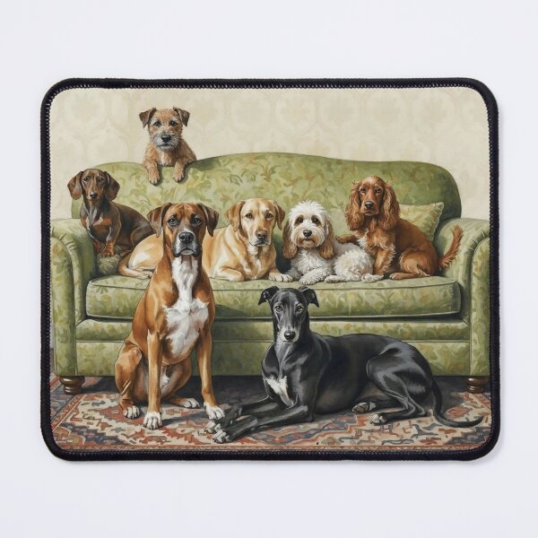 Item preview, Cozy Dogs on Green Sofa – Cute Dog Breeds Art Print for Dog Lovers   designed and sold by Pixel Pout.