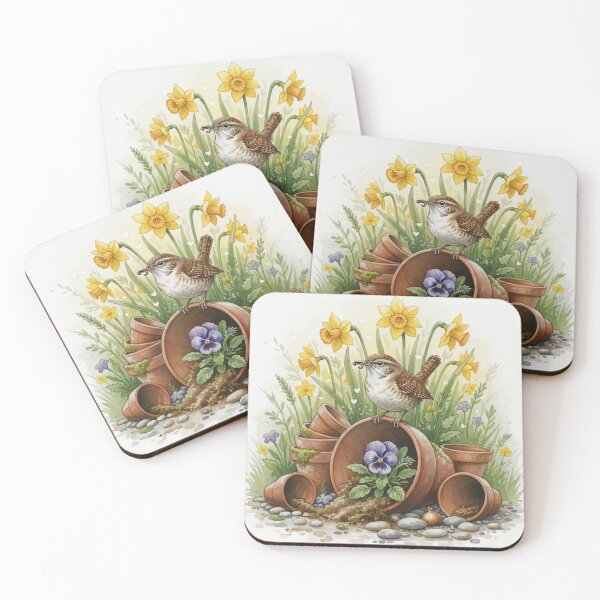 Item preview, Spring Garden Bird With Flower Pots – Watercolour Nature Art Print designed and sold by Pixel Pout.