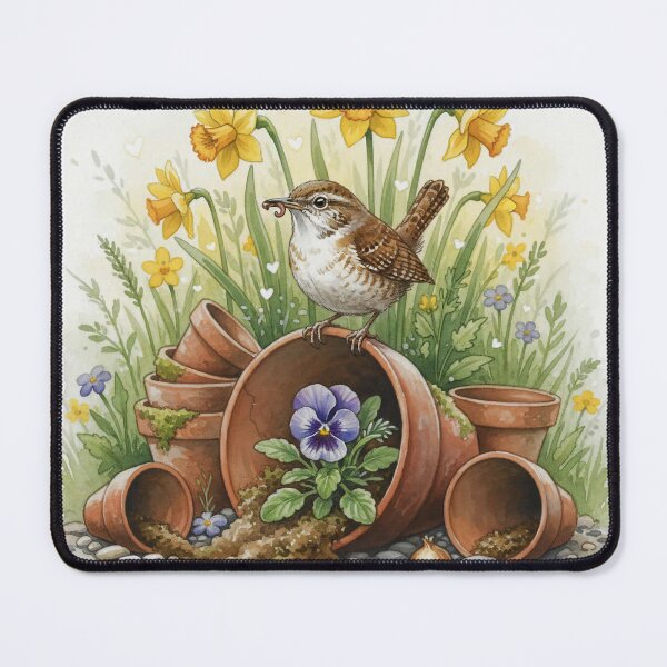 Item preview, Spring Garden Bird With Flower Pots – Watercolour Nature Art Print designed and sold by Pixel Pout.
