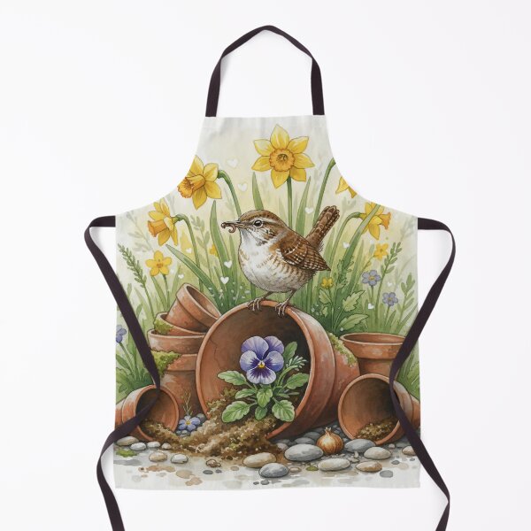 Item preview, Spring Garden Bird With Flower Pots – Watercolour Nature Art Print designed and sold by Pixel Pout.