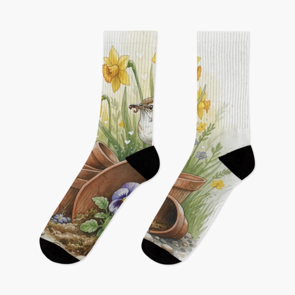 Item preview, Spring Garden Bird With Flower Pots – Watercolour Nature Art Print designed and sold by Pixel Pout.