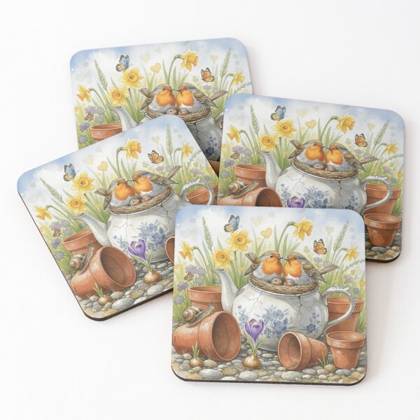 Item preview, Robin Family in Teapot Nest – Cute Spring Garden Watercolour Art Print   designed and sold by Pixel Pout.