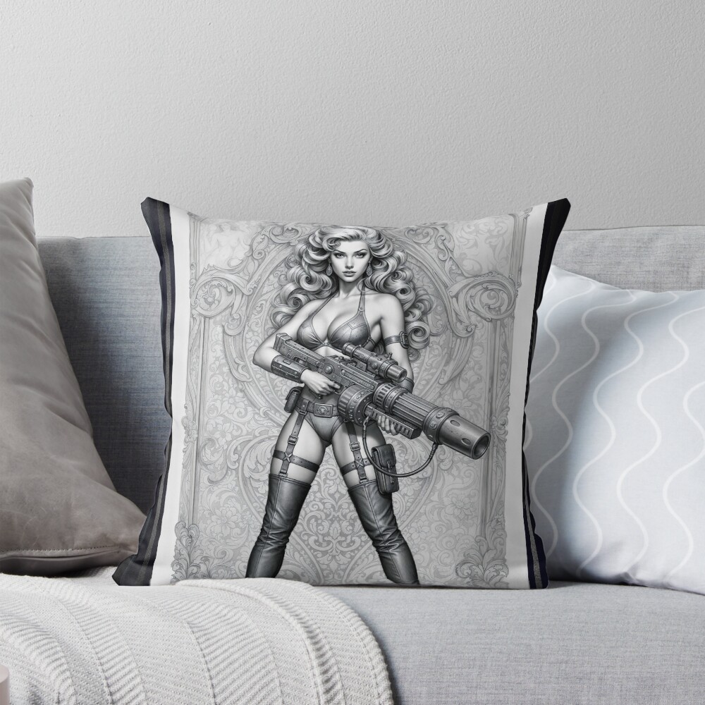 Retrofusion Baroque Pinup Warrior Ariella Saphriel Stunning AI Concept Art by Xzendor7 Decorative Art Print Throw Pillow
