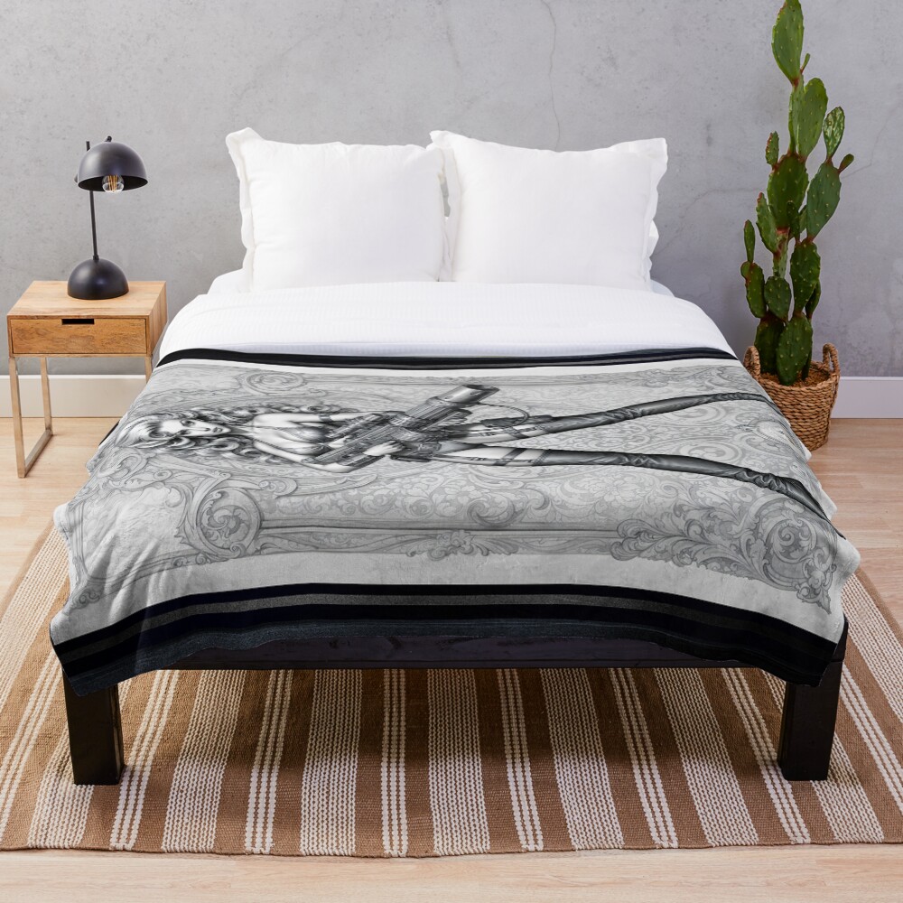 Retrofusion Baroque Pinup Warrior Ariella Saphriel Stunning AI Concept Art by Xzendor7 Decorative Art Print Throw Blanket