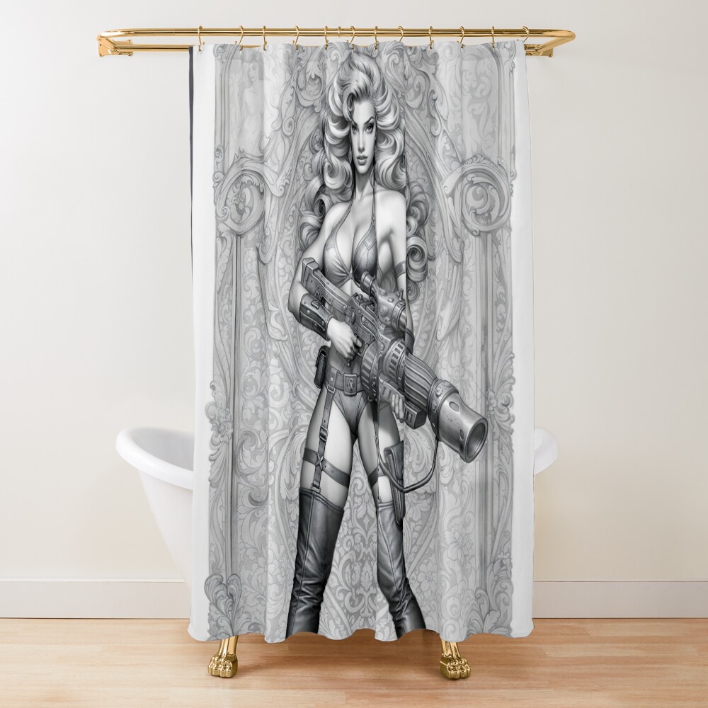 Retrofusion Baroque Pinup Warrior Ariella Saphriel Stunning AI Concept Art by Xzendor7 Decorative Art Print Shower Curtain