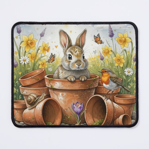 Item preview, Spring Bunny in Flower Pots – Cute Rabbit and Robin Garden Watercolour Art Print   designed and sold by Pixel Pout.