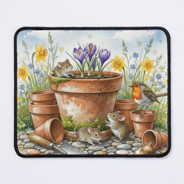 Item preview, Garden Mice and Robin with Crocus Flowers – Cute Spring Watercolour Art Print   designed and sold by Pixel Pout.