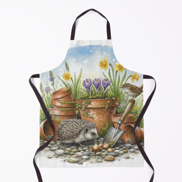 Item preview, Hedgehog and Wren with Flower Pots – Cute Spring Garden Watercolour Art Print   designed and sold by Pixel Pout.