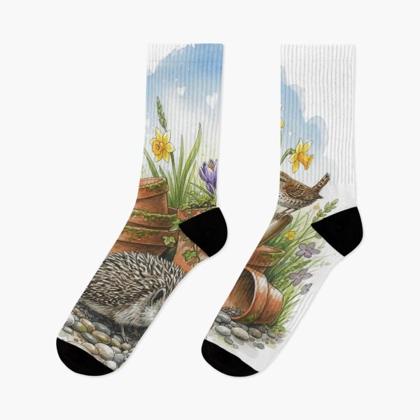 Item preview, Hedgehog and Wren with Flower Pots – Cute Spring Garden Watercolour Art Print   designed and sold by Pixel Pout.