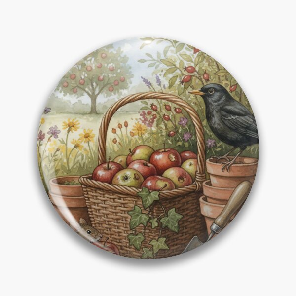 Item preview, Blackbird and Mouse with Apple Basket – Cute Autumn Garden Watercolour Art Print   designed and sold by Pixel Pout.