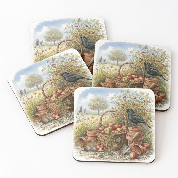 Item preview, Blackbird and Mouse with Apple Basket – Cute Autumn Garden Watercolour Art Print   designed and sold by Pixel Pout.