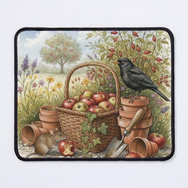 Item preview, Blackbird and Mouse with Apple Basket – Cute Autumn Garden Watercolour Art Print   designed and sold by Pixel Pout.