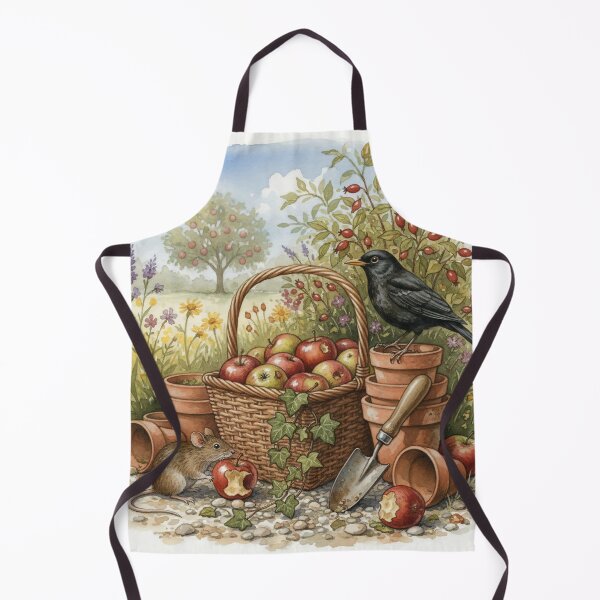 Item preview, Blackbird and Mouse with Apple Basket – Cute Autumn Garden Watercolour Art Print   designed and sold by Pixel Pout.