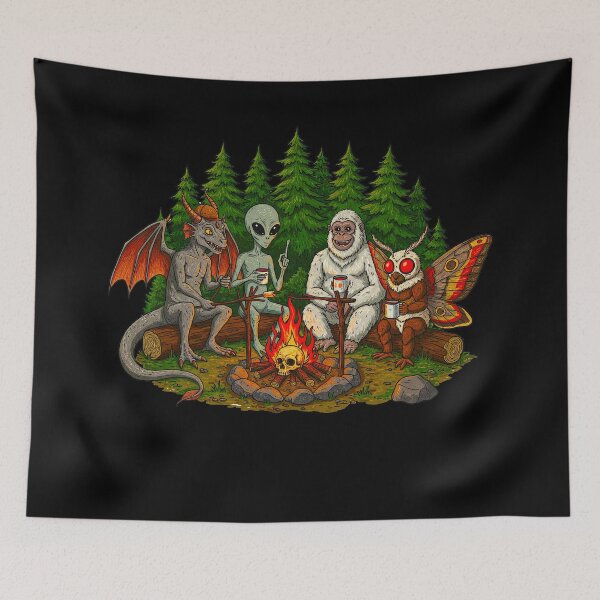 Item preview, Cryptid Camping Friends Bigfoot Mothman Alien designed and sold by TeeARTHY.