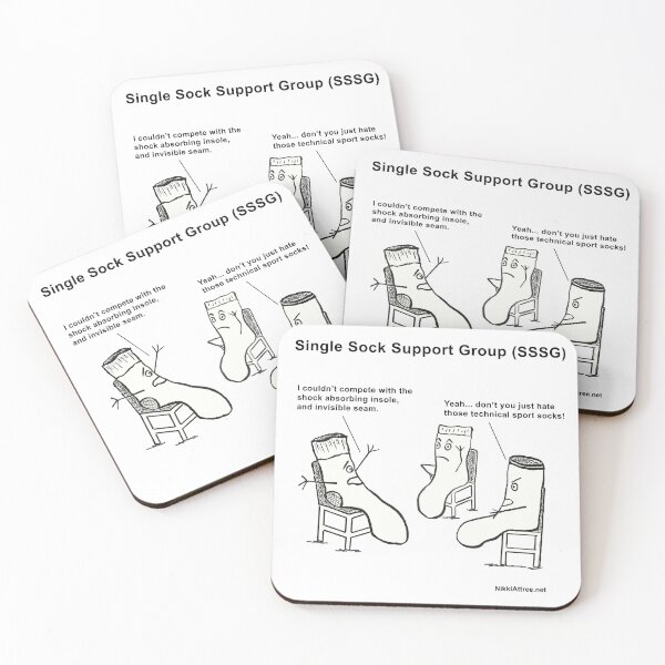 Item preview, cartoon about socks going to a support group designed and sold by Nikki Attree.