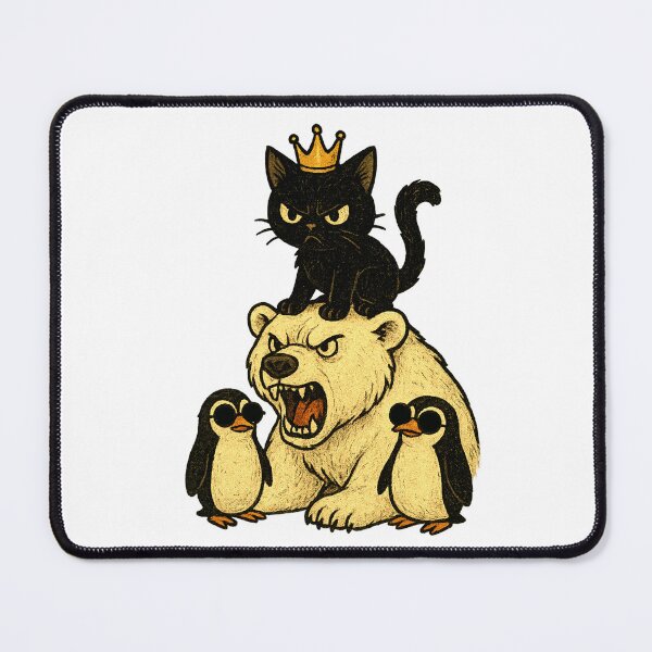 Item preview, Original Illustration of Black Kitten with Crown on Fierce Polar Bear and Penguin Bodyguards designed and sold by BlackDot Studio.