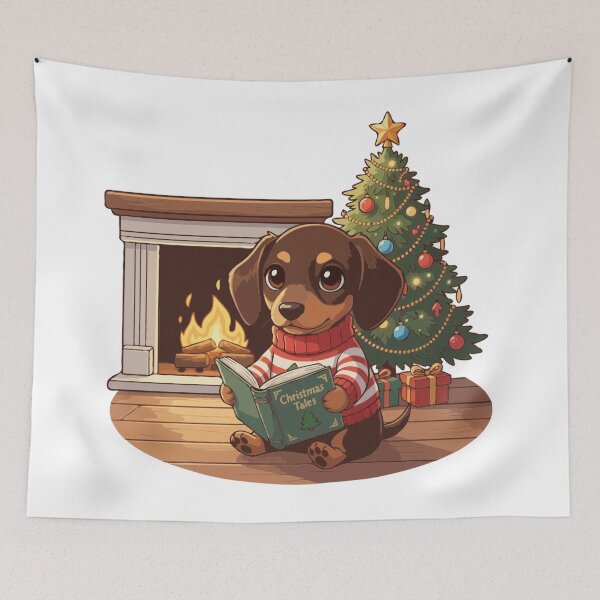 Item preview, Cozy Christmas Dachshund Puppy Reading by the Tree - Cute Christmas Dog designed and sold by The Real Life Symphony.