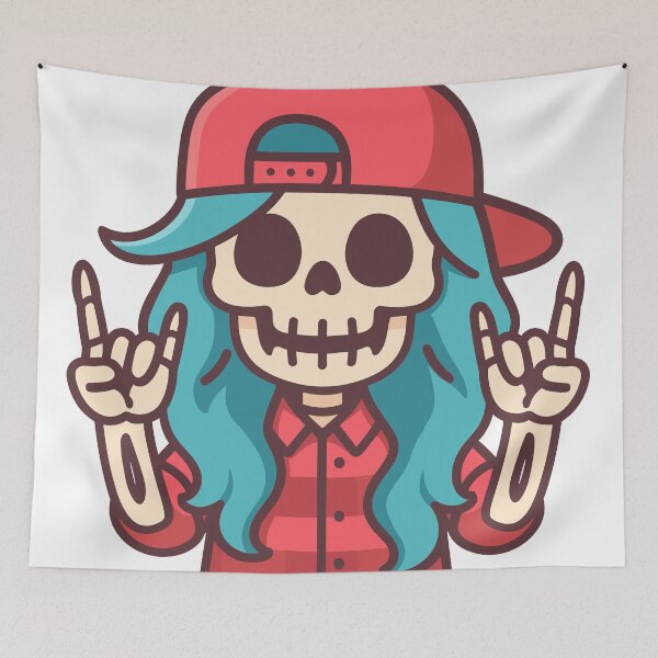 Item preview, Cute Retro Rocker Skeleton – Cartoon Skull With Peace Sign & Snapback Hat designed and sold by tatajef14.
