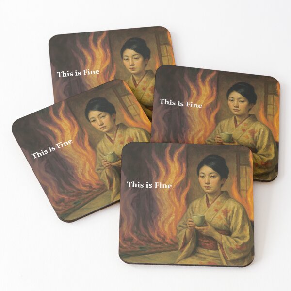 Item preview, This Is Fine – Japanese Kimono Woman in a Burning Tatami Room (Oil Painting Meme Art) designed and sold by Mog Mog Eatalot – Tokyo x A’dam Mashup.