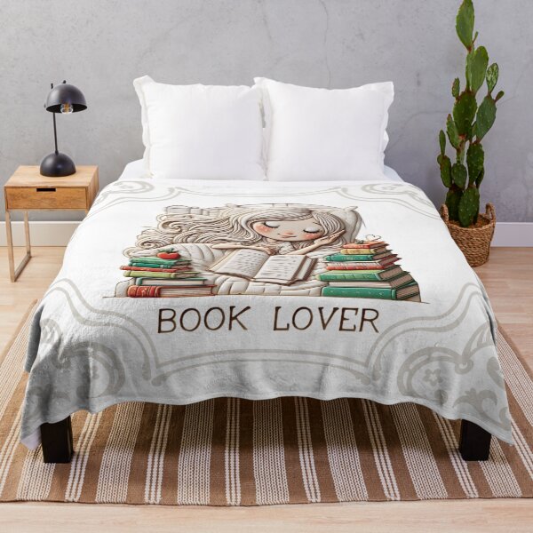 Item preview, Book Lover Blanket – bookworm. Cute Reading Girl with Books designed and sold by Alkymias.