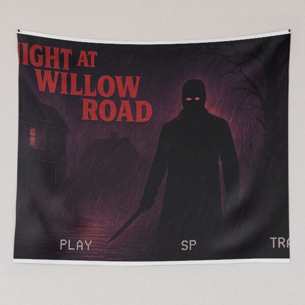 Item preview, Night at Willow Road – Retro VHS Horror Poster | Analog Grunge Slasher Art (16:9) designed and sold by leen12 Art Designs Prints.