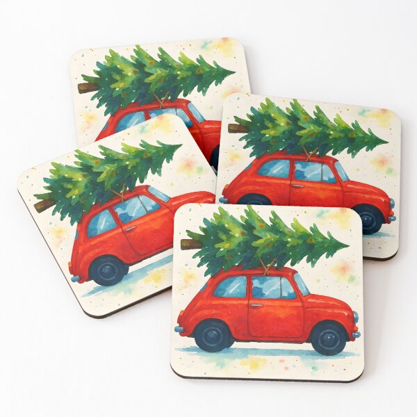 Item preview, Coddiwompling Through the Season – Cute Red Car with Pine Tree Watercolor designed and sold by EmeraldeaArt.