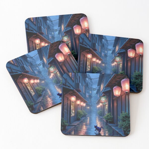 Item preview, Cat in a Rainy Lantern-Lit Alley Pixel Art designed and sold by EvasDreams.