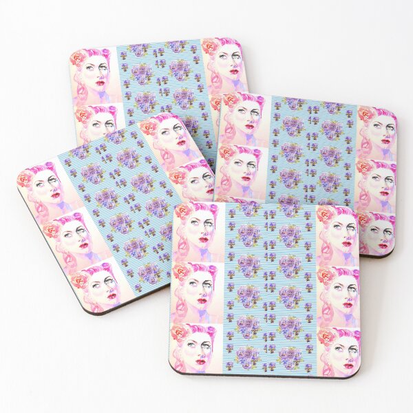 Item preview, Retro 1940s Vintage Red Pink Hair Woman flowers Shabby Blue Pink Floral Cottage Core Pattern designed and sold by Sarah  Rajkotwala.
