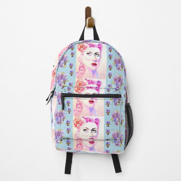 Item preview, Retro 1940s Vintage Red Pink Hair Woman flowers Shabby Blue Pink Floral Cottage Core Pattern designed and sold by Sarah Rajkotwala.