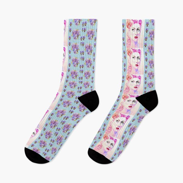 Item preview, Retro 1940s Vintage Red Pink Hair Woman flowers Shabby Blue Pink Floral Cottage Core Pattern designed and sold by Sarah  Rajkotwala.