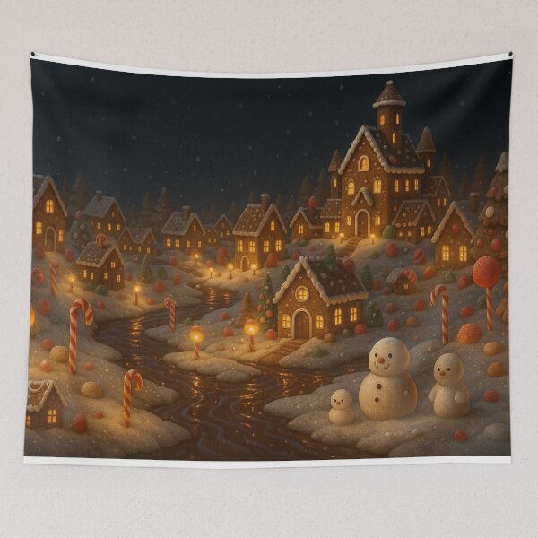 Item preview, Gingerbread Kingdom – Magical Christmas Village Illustration | Candy Streets, Chocolate Rivers & Marshmallow Snowmen designed and sold by leen12 Art Designs Prints.