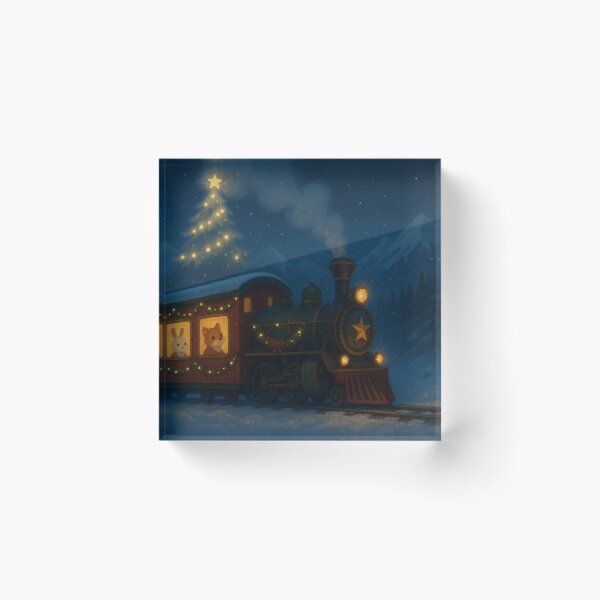 Item preview, Magical Christmas Train in Snowy Mountains – Cute Animal Passengers & Christmas Tree Steam Illustration designed and sold by leen12 Art Designs Prints.