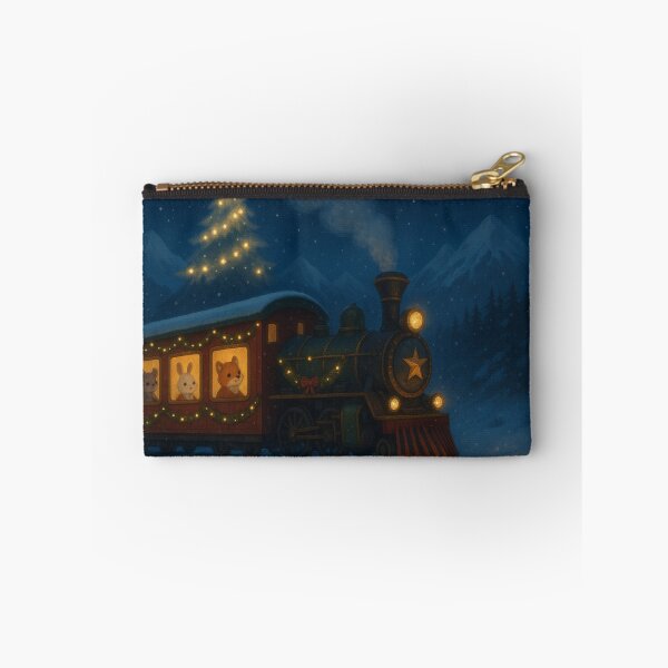 Item preview, Magical Christmas Train in Snowy Mountains – Cute Animal Passengers & Christmas Tree Steam Illustration designed and sold by leen12 Art Designs Prints.