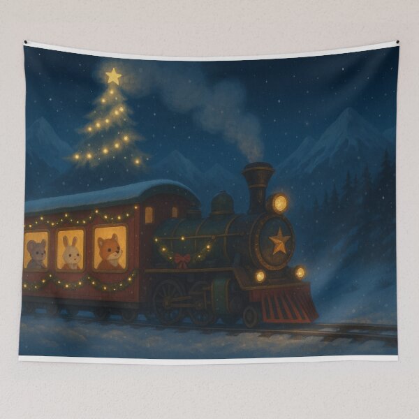 Item preview, Magical Christmas Train in Snowy Mountains – Cute Animal Passengers & Christmas Tree Steam Illustration designed and sold by leen12 Art Designs Prints.