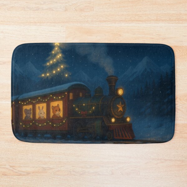Item preview, Magical Christmas Train in Snowy Mountains – Cute Animal Passengers & Christmas Tree Steam Illustration designed and sold by leen12 Art Designs Prints.