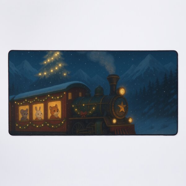 Item preview, Magical Christmas Train in Snowy Mountains – Cute Animal Passengers & Christmas Tree Steam Illustration designed and sold by leen12 Art Designs Prints.
