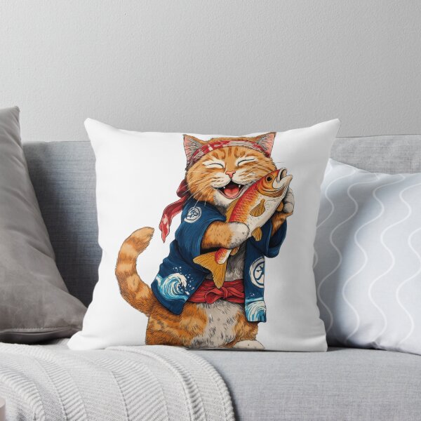 Item preview, Happy Japanese Fisherman Cat Hugging Big Fish designed and sold by karlosws.