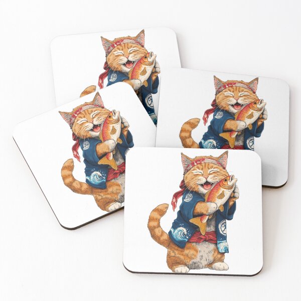 Item preview, Happy Japanese Fisherman Cat Hugging Big Fish designed and sold by karlosws.