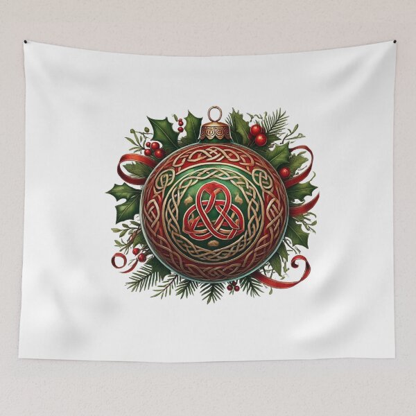 Item preview, Red Celtic Christmas Bauble with Green Background and Holly Accents designed and sold by CelticSoulShop.