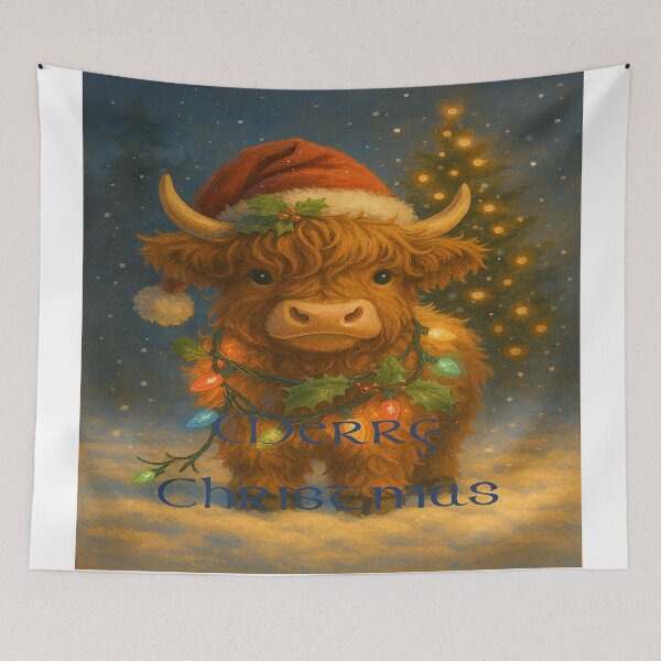 Item preview, Cute Highland Cow Christmas Illustration – Festive Scottish Coo with Santa Hat & Fairy Lights | Merry Christmas 2025 designed and sold by MacksMerch.