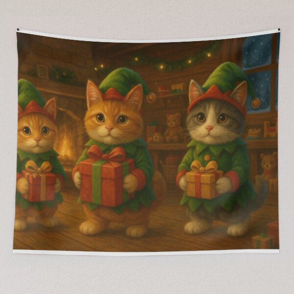 Item preview, Elf Cats in Santa’s Workshop – Cozy Christmas Scene with Cute Cats and Gifts designed and sold by leen12 Art Designs Prints.