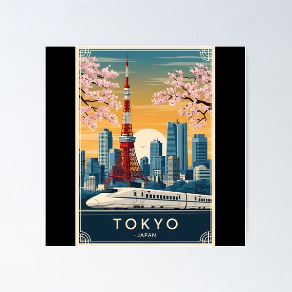 Item preview, Tokyo Japan Travel Poster – Vintage Japanese Wall Art, Tokyo Tower & Cherry Blossom Print, Retro Japan Decor, Shinkansen Illustration designed and sold by AbstractAuraArt.