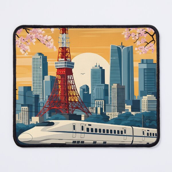 Item preview, Tokyo Japan Travel Poster – Vintage Japanese Wall Art, Tokyo Tower & Cherry Blossom Print, Retro Japan Decor, Shinkansen Illustration designed and sold by AbstractAuraArt.