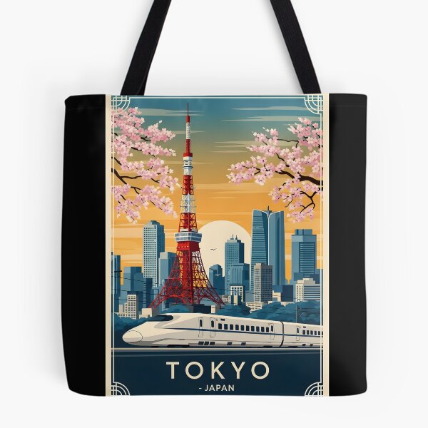 Item preview, Tokyo Japan Travel Poster – Vintage Japanese Wall Art, Tokyo Tower & Cherry Blossom Print, Retro Japan Decor, Shinkansen Illustration designed and sold by AbstractAuraArt.
