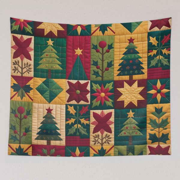 Item preview, Vibrant Quilt Art Christmas Pattern Throw Pillow & Blanket: Traditional Holiday Motifs in Geometric Blocks designed and sold by ZyxDes.